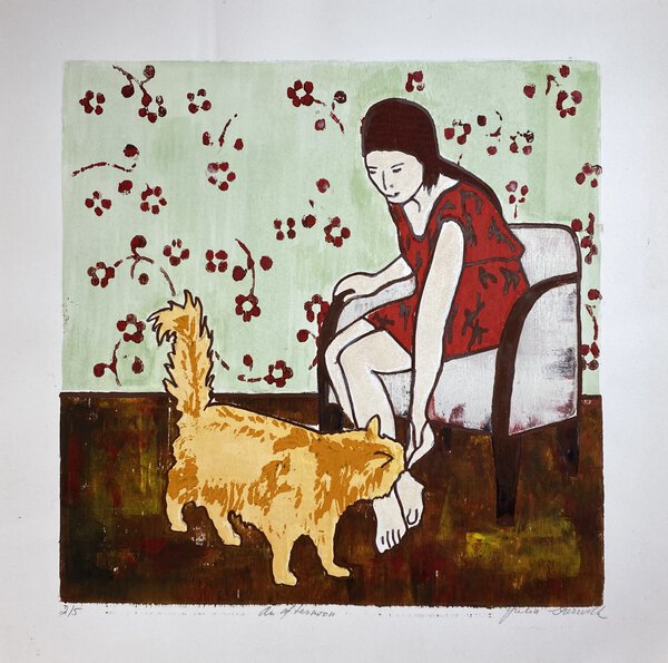 A Girl and a Cat (2/5). 2010. Woodcut. 15 x 15 in. (38.1 x 38.1 cm).