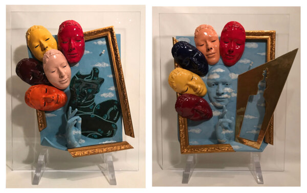 Artist's Icons Diptych. 2017. Ceramic on acrylic stand. Each sculpture: 30 x 25 x 14 in. (76.2 x 63.5 x 35.6 cm).